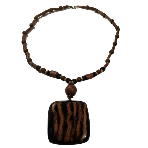 Boho brown and black square large pendant beaded necklace - Picture 1 of 7